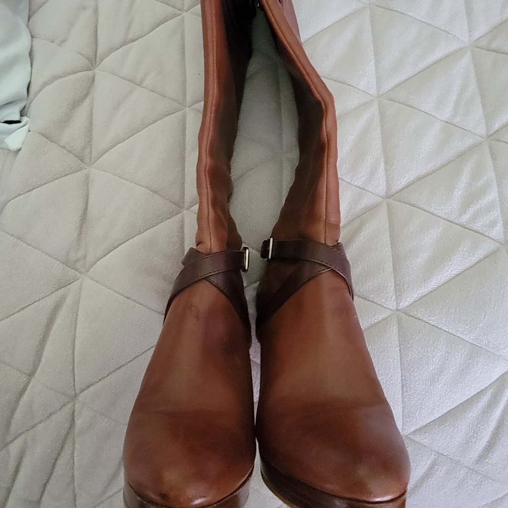 Cole Haan 7 1/2 brown heel boots with gole buckles